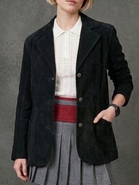 VTG Black Suede Leather Blazer Jacket Size XL Fits Large Dark Academia Baddie